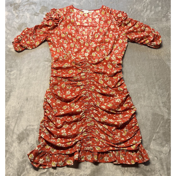 Veronica Beard Red Floral Josephine Ruched Mini Dress Womens Size 8 Silk - Picture 3 of 15